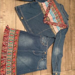 Maurices Colorful Embroidered Denim Jacket and Skirt